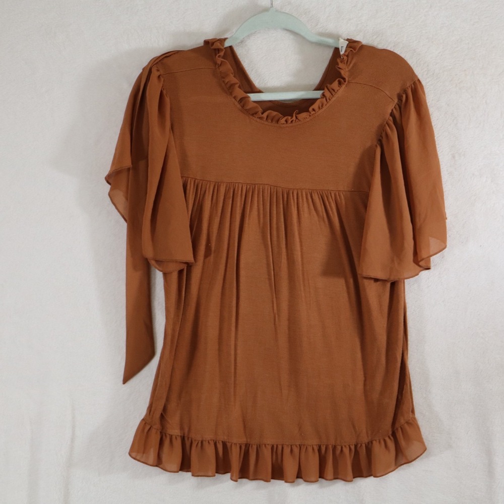Kim & Cami Women's Brown Ruffle Blouse Flowy Boho Peasant Style Size Medium